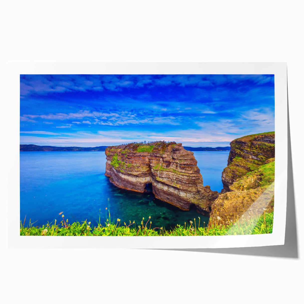 Extra large rolled print of a Newfoundland scenic landscape in vibrant green and blue tones, ideal for dining room wall art.