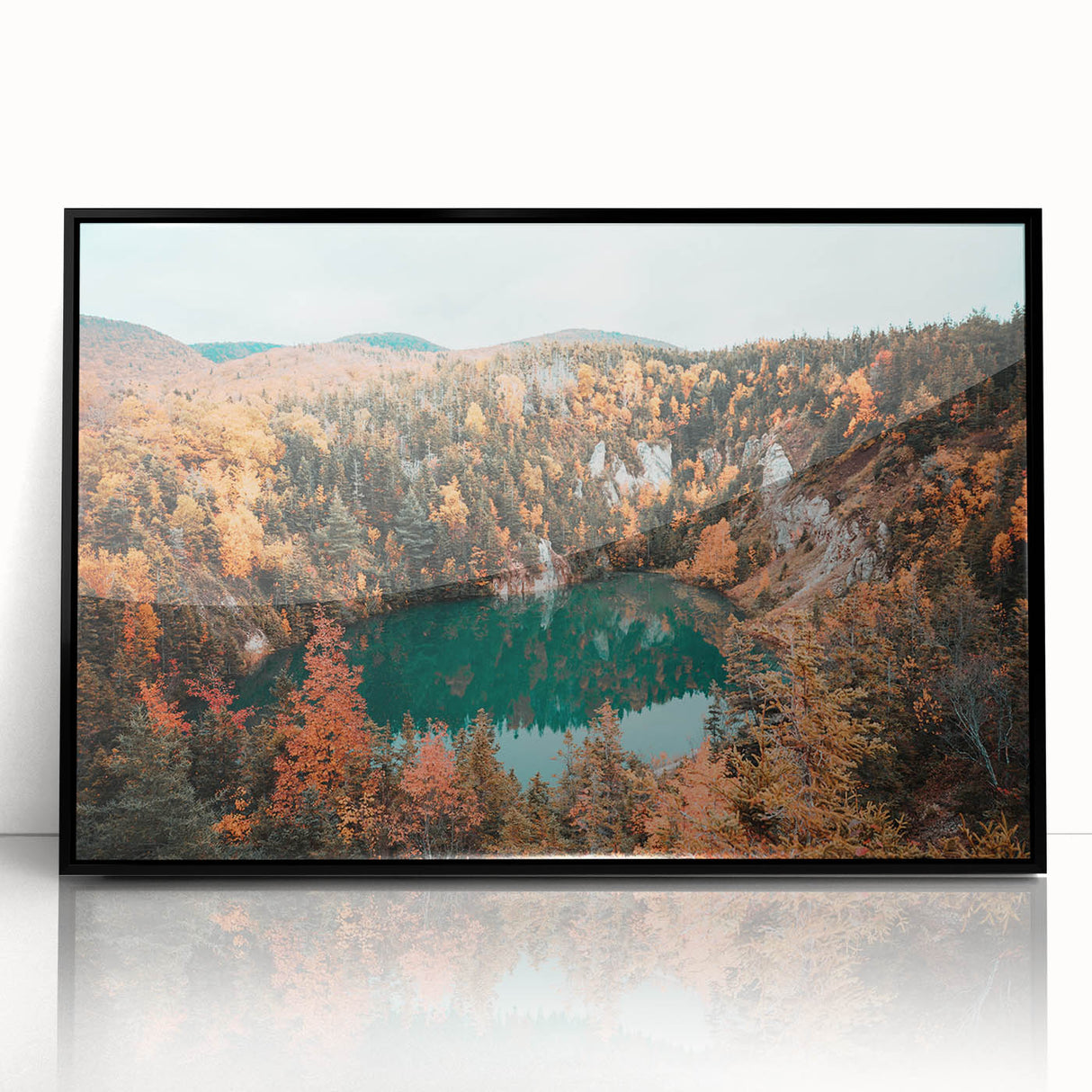 Large abstract wall art depicting a Nova Scotia scenery in muted earth tones on a framed acrylic.