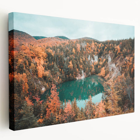 Scenic Nova Scotia landscape on stretched canvas, featuring muted green and blue tones, ideal for kitchen wall art.