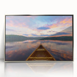 Mid-century modernist art depicting Ontario scenery in muted earth tones on a silver-framed acrylic print.