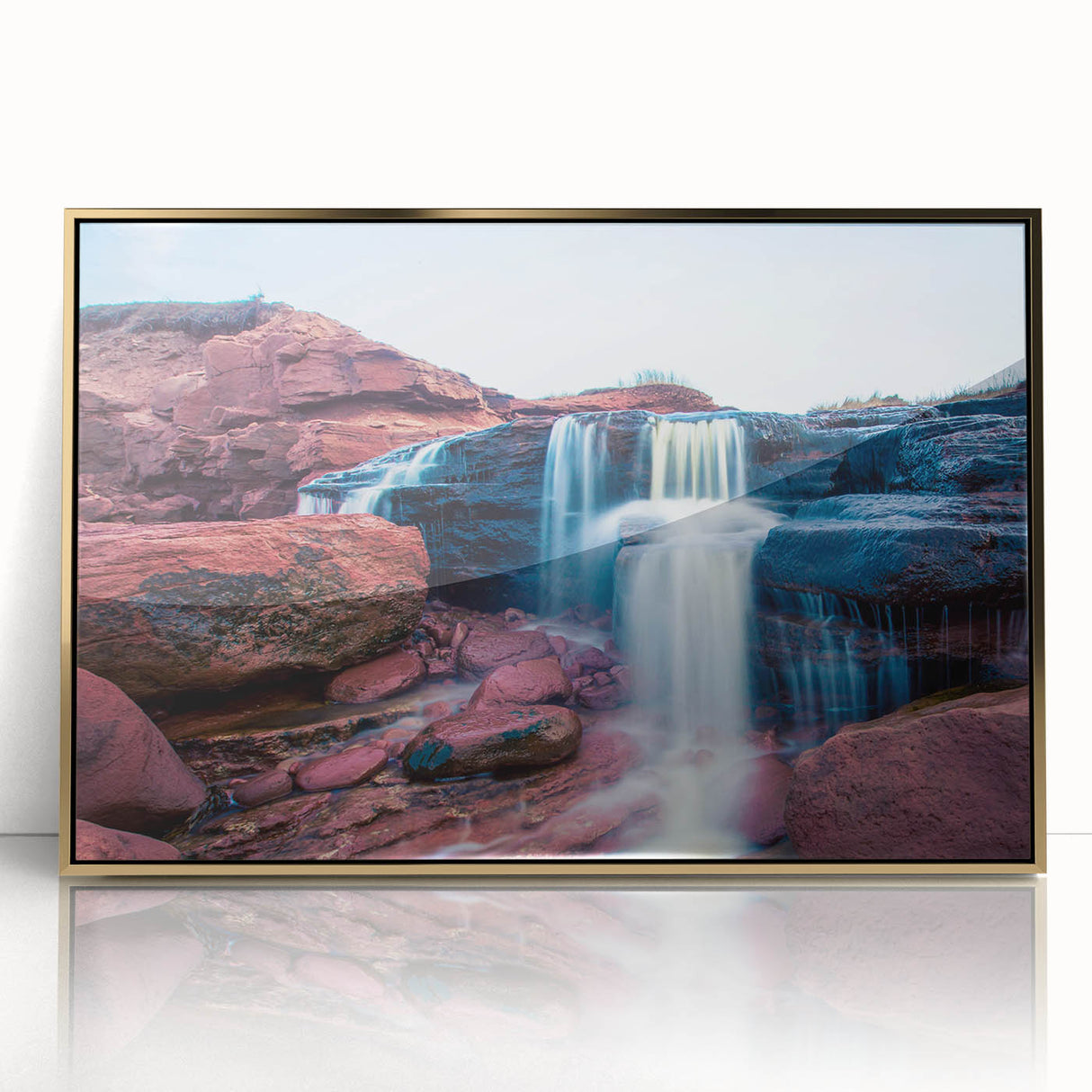 Framed acrylic print of a serene Prince Edward Island landscape in muted earth tones, ideal for nursery wall art.