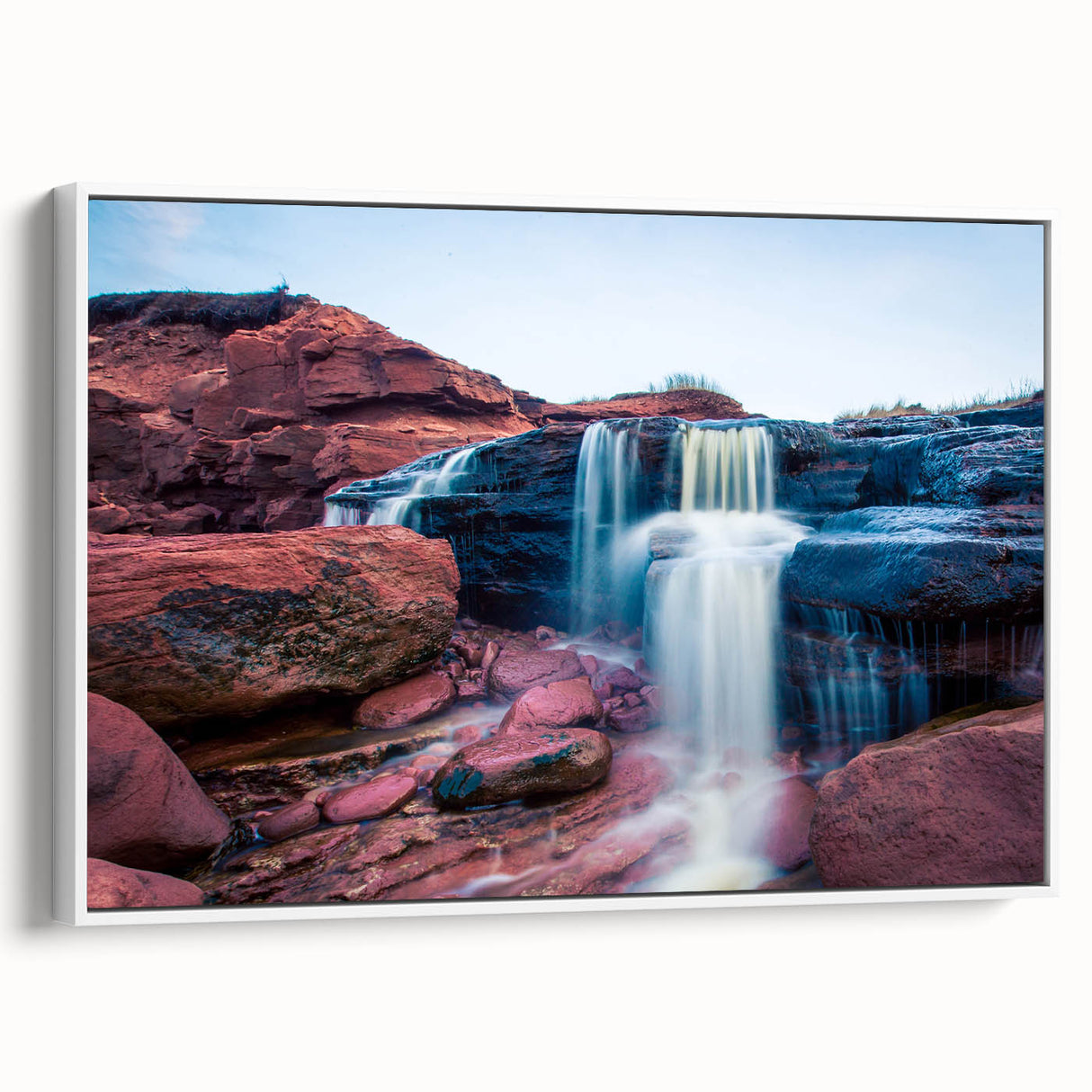Vintage poster art of Prince Edward Island with colorful landscape on a framed canvas, ideal for living room decor.