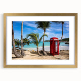 Abstract art print of Caribbean scenery in gold frame, featuring muted blue and green tones, ideal for dining room decor.