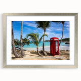 Extra large abstract art print depicting Caribbean scenery in textured shades of blue and green, framed in silver.
