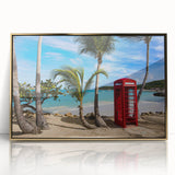 Art deco poster of Caribbean Antigua scenery in gold frame on acrylic.
