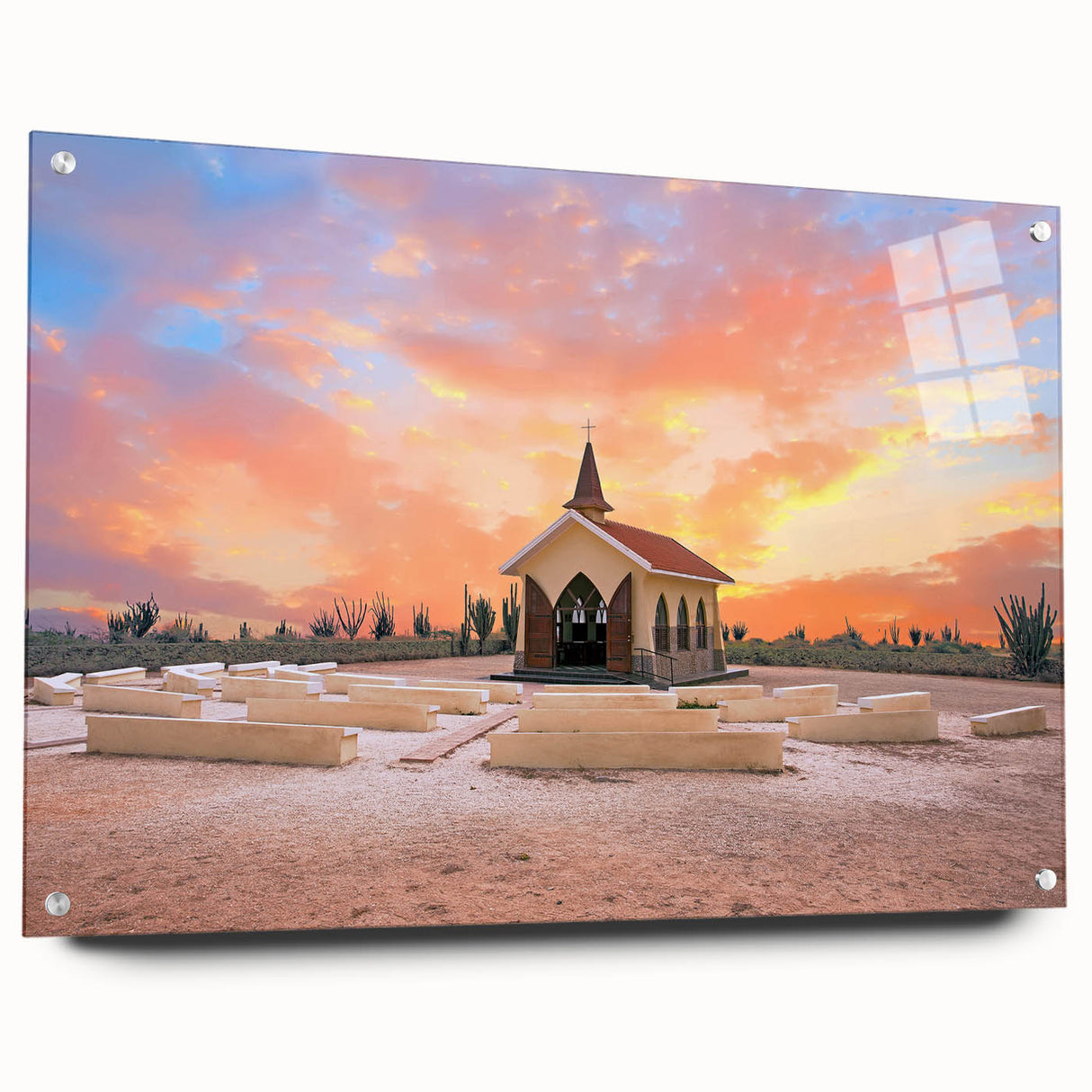 Acrylic print of a Caribbean Aruba scenery in vibrant ocean blues, ideal for bedroom or dining room decor.