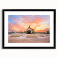 Extra large abstract art print of a colorful Caribbean scenery on textured canvas, framed in black.