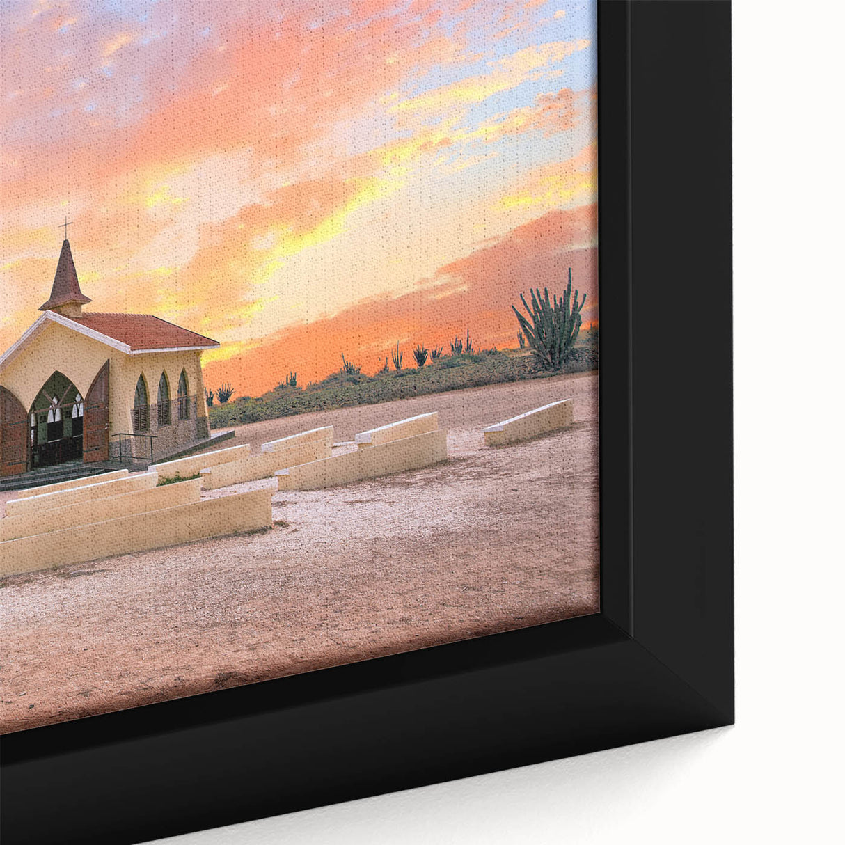 Framed canvas featuring a textured depiction of a Caribbean beach with palm trees in vibrant colors.
