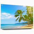 Acrylic print of a Caribbean shoreline in muted blue and green tones, suitable for bedroom or dining room decor.