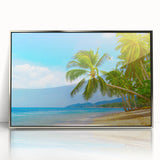 Mid-century modernist acrylic print of Caribbean Bahamas scenery in vibrant blue and green tones, framed in silver.