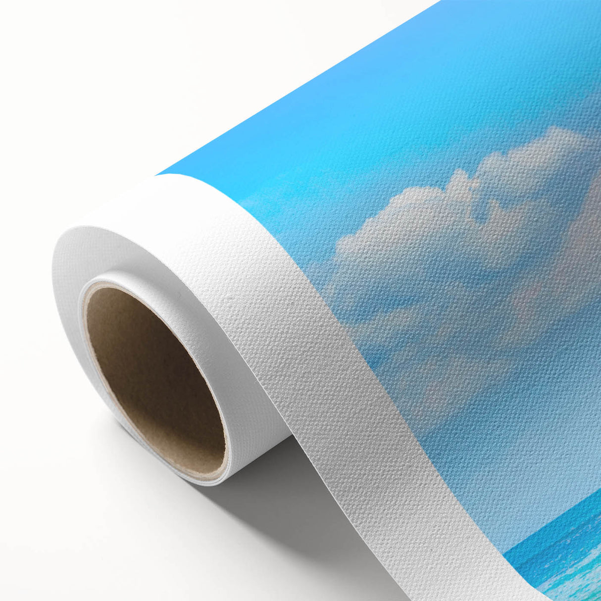 Art deco poster of Caribbean scenery on rolled canvas, featuring pastel blue and pink hues, ideal for nursery wall art.