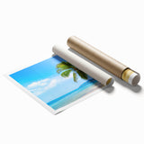 Extra large rolled print of a serene Caribbean beach scene with vibrant blue and soft sand tones.