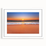 Textured abstract art print of a Caribbean seascape in muted blue and green tones on a framed white mat.