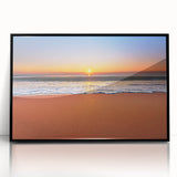 Large abstract wall art depicting a Caribbean Barbados scenery in vibrant blue and green tones, framed in black acrylic.