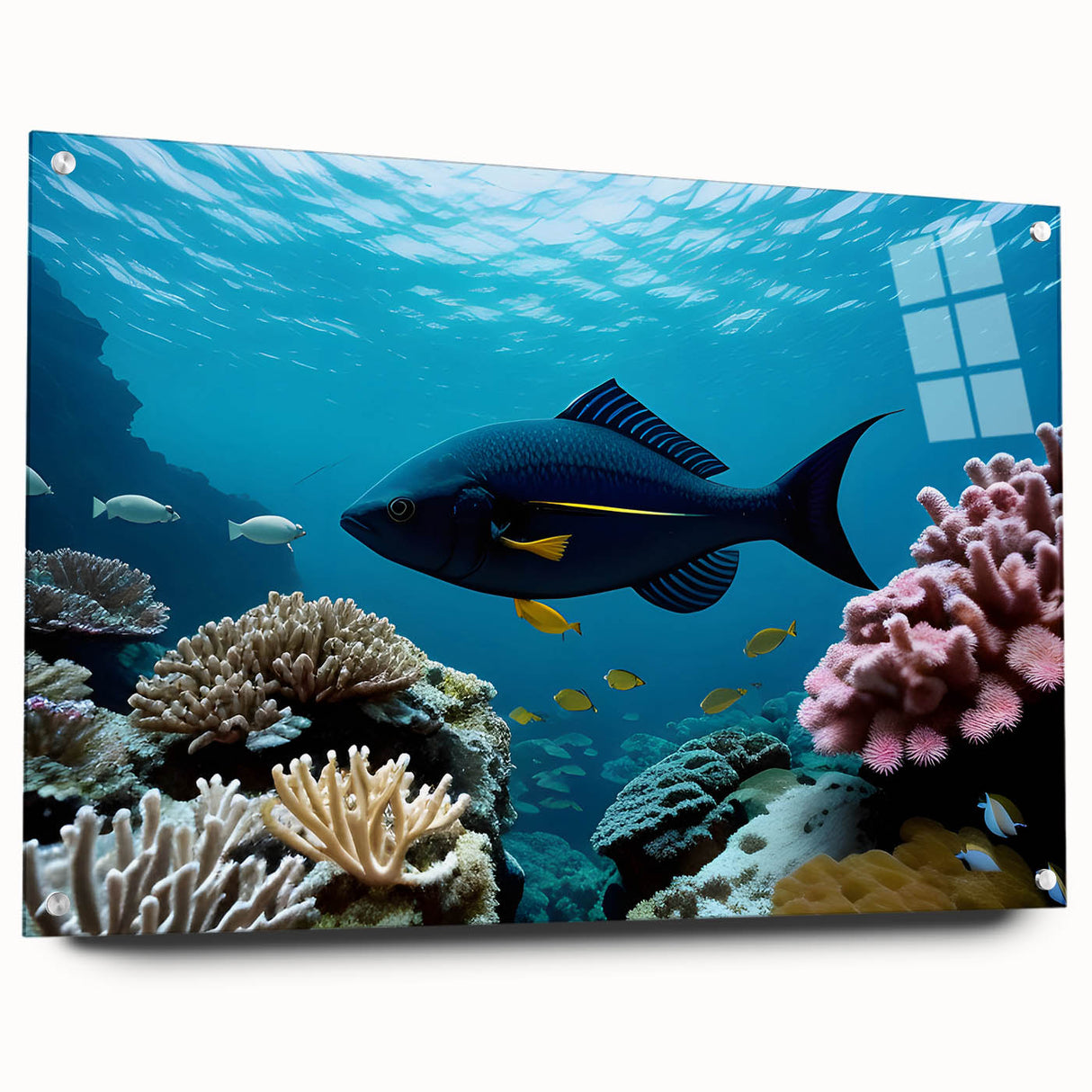 Acrylic print of a large abstract Caribbean scenery in vibrant blue and green, ideal for bedroom or dining room decor.