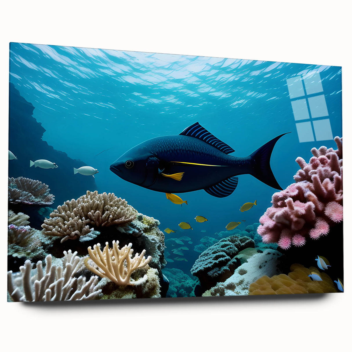 Large abstract wall art depicting Caribbean scenery in blue and green tones on acrylic glass.