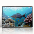 Large abstract wall art depicting vibrant Caribbean scenery in a black framed acrylic, ideal for modern living room decor.