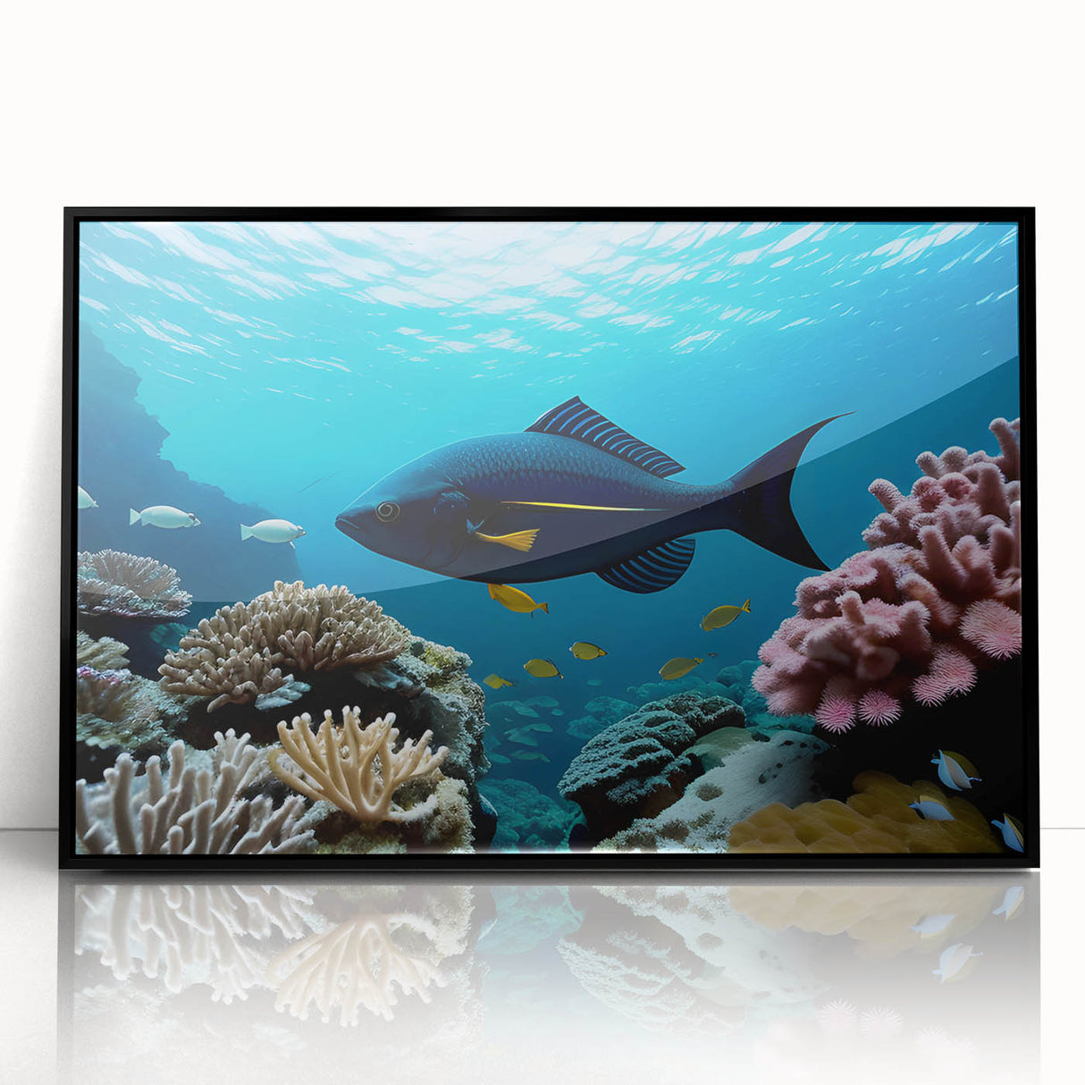 Large abstract wall art depicting vibrant Caribbean scenery in a black framed acrylic, ideal for modern living room decor.