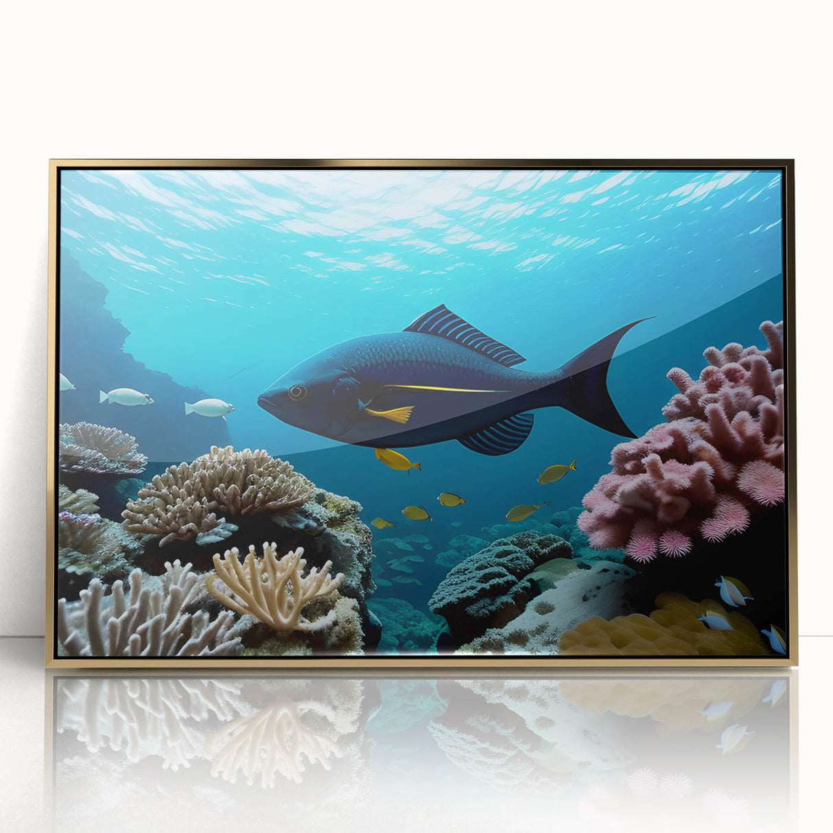 Art deco poster of a Caribbean scene with vibrant turquoise and gold tones on a framed acrylic.