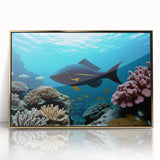 Art deco poster of a Caribbean scene with vibrant turquoise and gold tones on a framed acrylic.