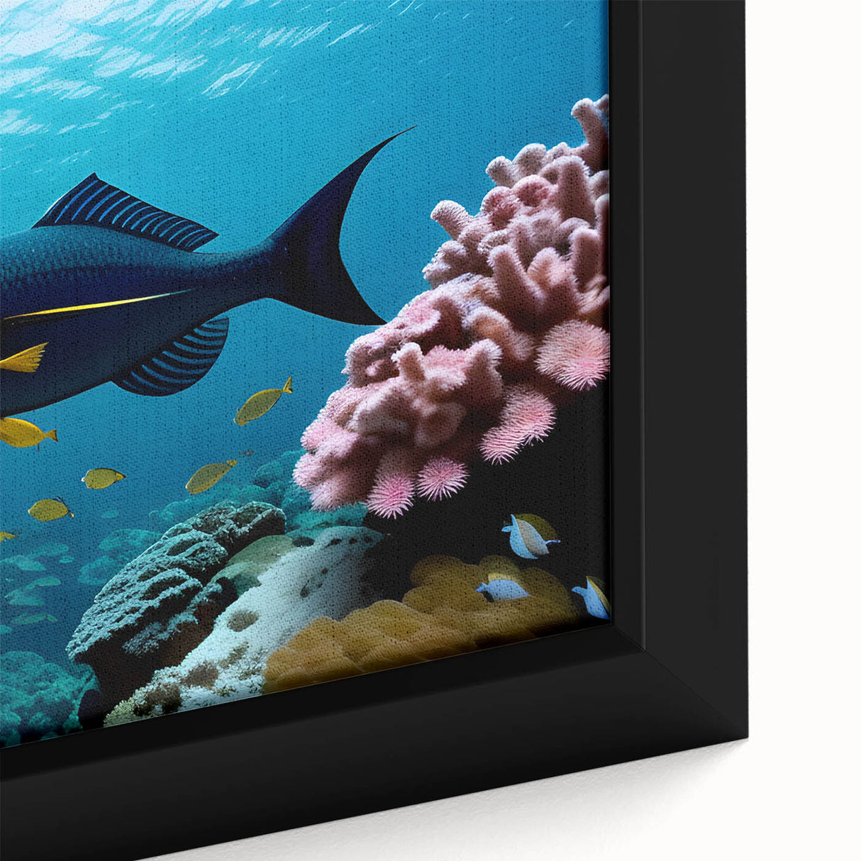 Black wall art featuring a textured Caribbean scenery on a framed canvas, with vibrant colors, ideal for living room decor.