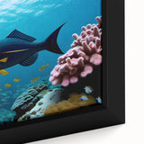 Black wall art featuring a textured Caribbean scenery on a framed canvas, with vibrant colors, ideal for living room decor.