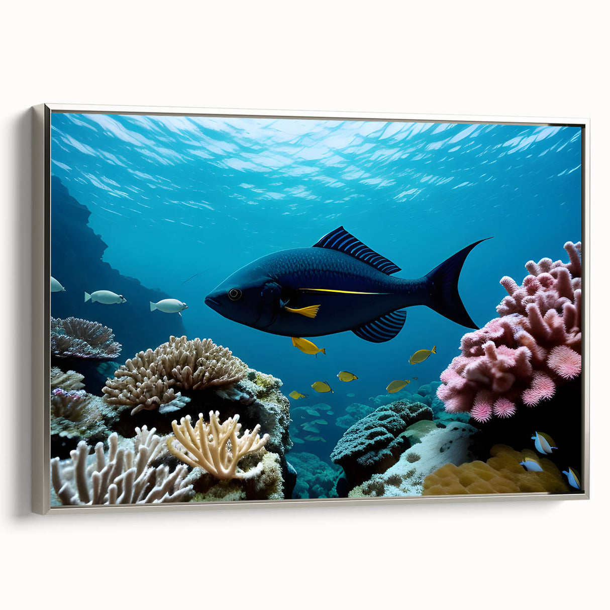Framed canvas featuring a vintage-style landscape painting of Bermuda with colorful art elements and black borders.
