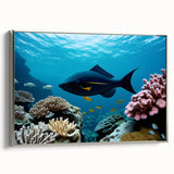 Framed canvas featuring a vintage-style landscape painting of Bermuda with colorful art elements and black borders.