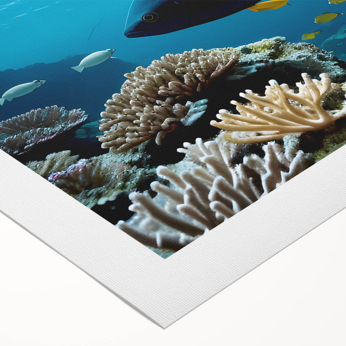 Art deco poster of a Bermuda seascape in muted blues and greens on rolled canvas.