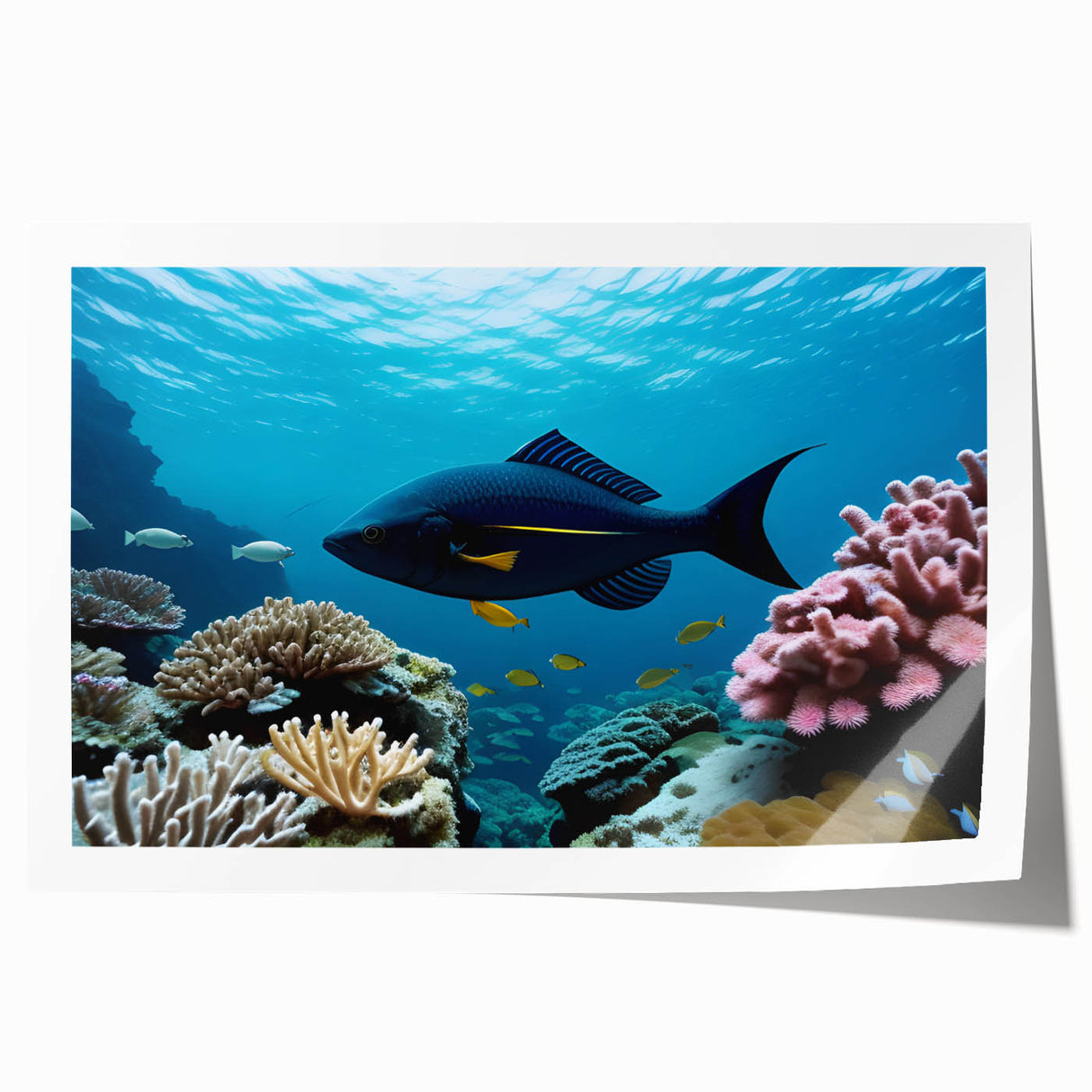Rolled print of a Bermuda scenery with vibrant blue ocean and floral elements, suitable for art wall dining room.