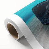 Art Deco style poster of a Caribbean scenery on rolled canvas, featuring vibrant blue and green tones.