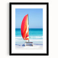 Extra large abstract art print depicting a vibrant Caribbean scenery on a textured canvas, framed in black.