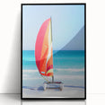 Large abstract wall art depicting a Caribbean scene in vibrant blue and green tones on a framed acrylic.