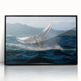 Large abstract wall art depicting a Caribbean scenery in muted blue and green tones, framed in black acrylic.
