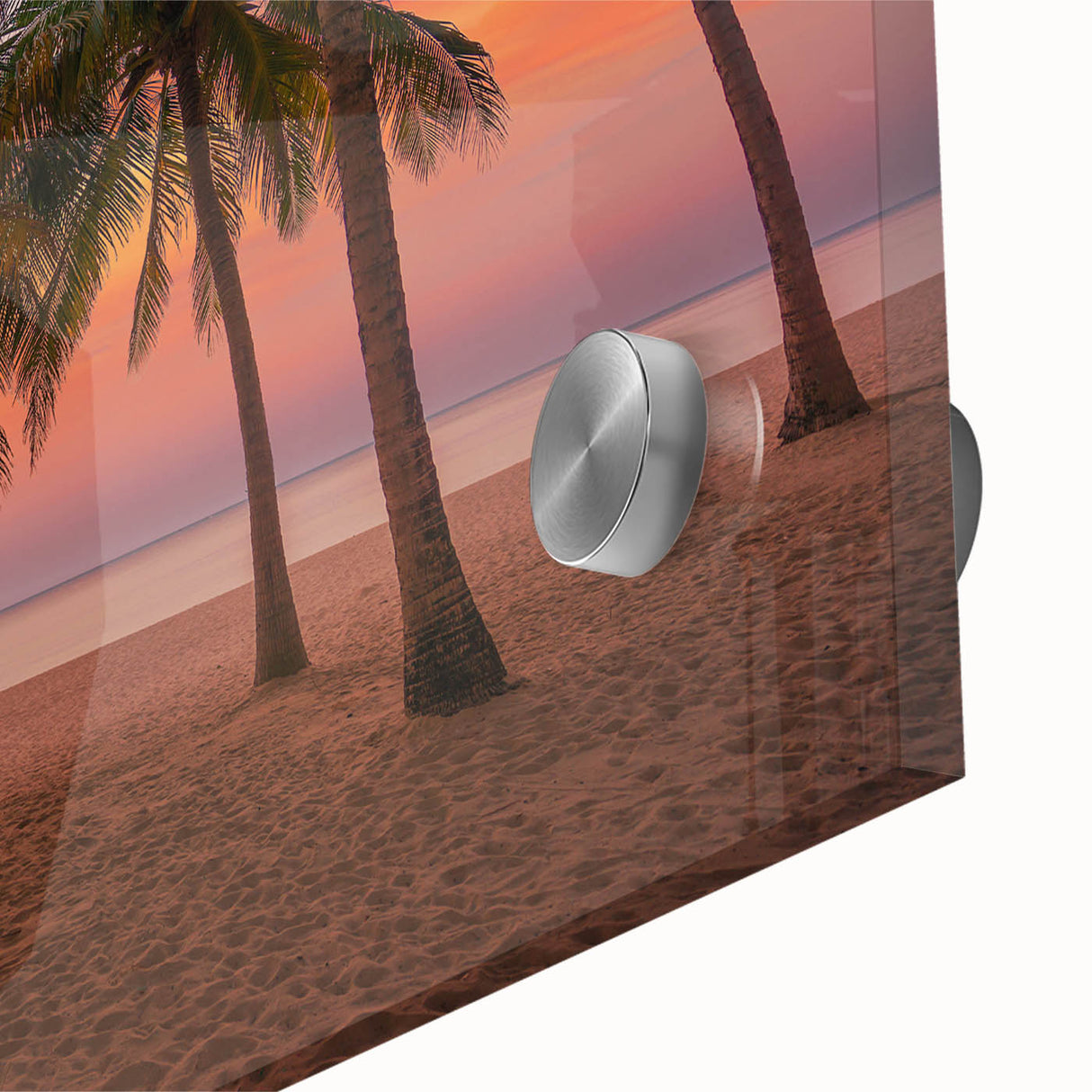 Large abstract wall art depicting a Caribbean scenery in vibrant blue and green tones on acrylic glass.