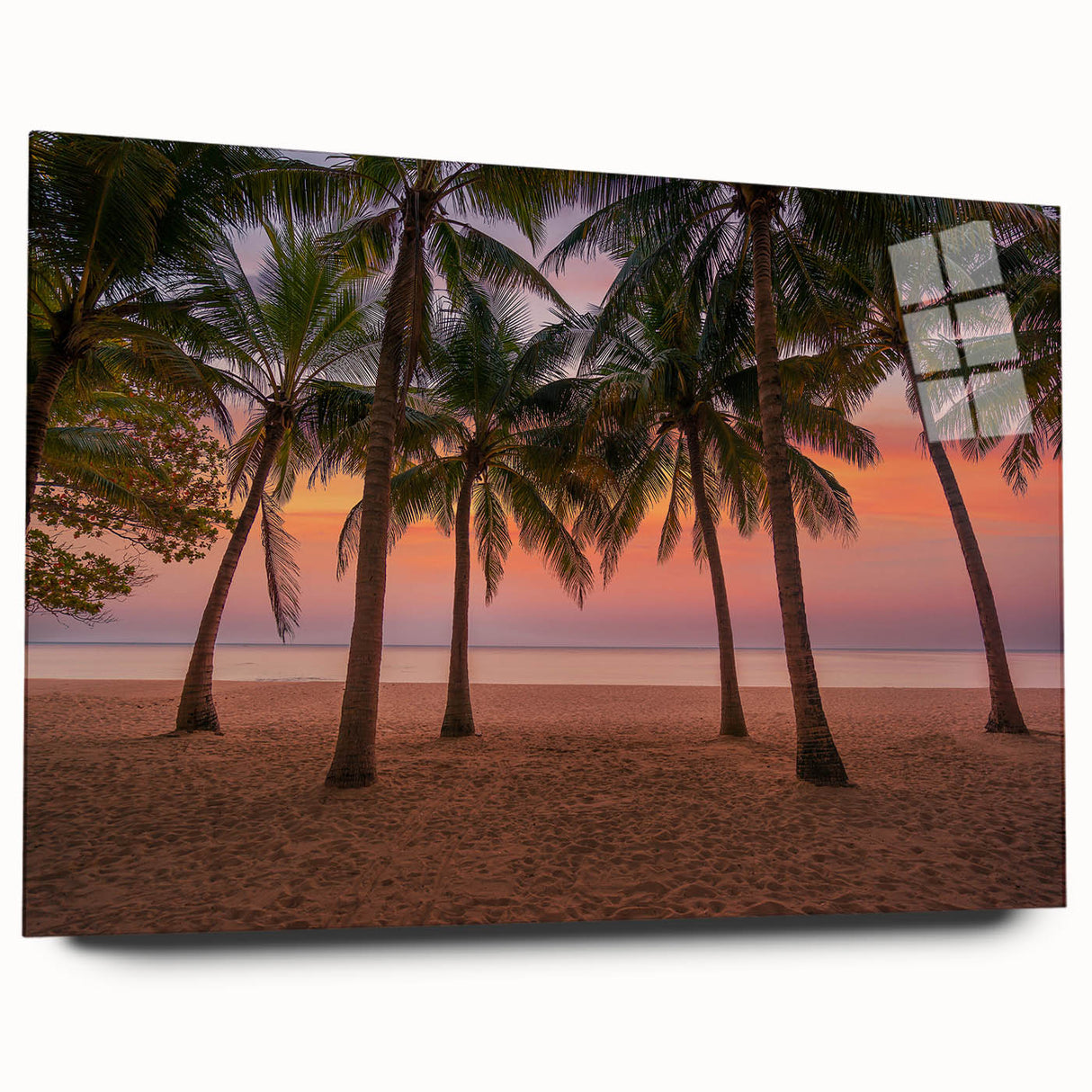Large abstract wall art of Caribbean scenery in vibrant blues and greens on acrylic glass.