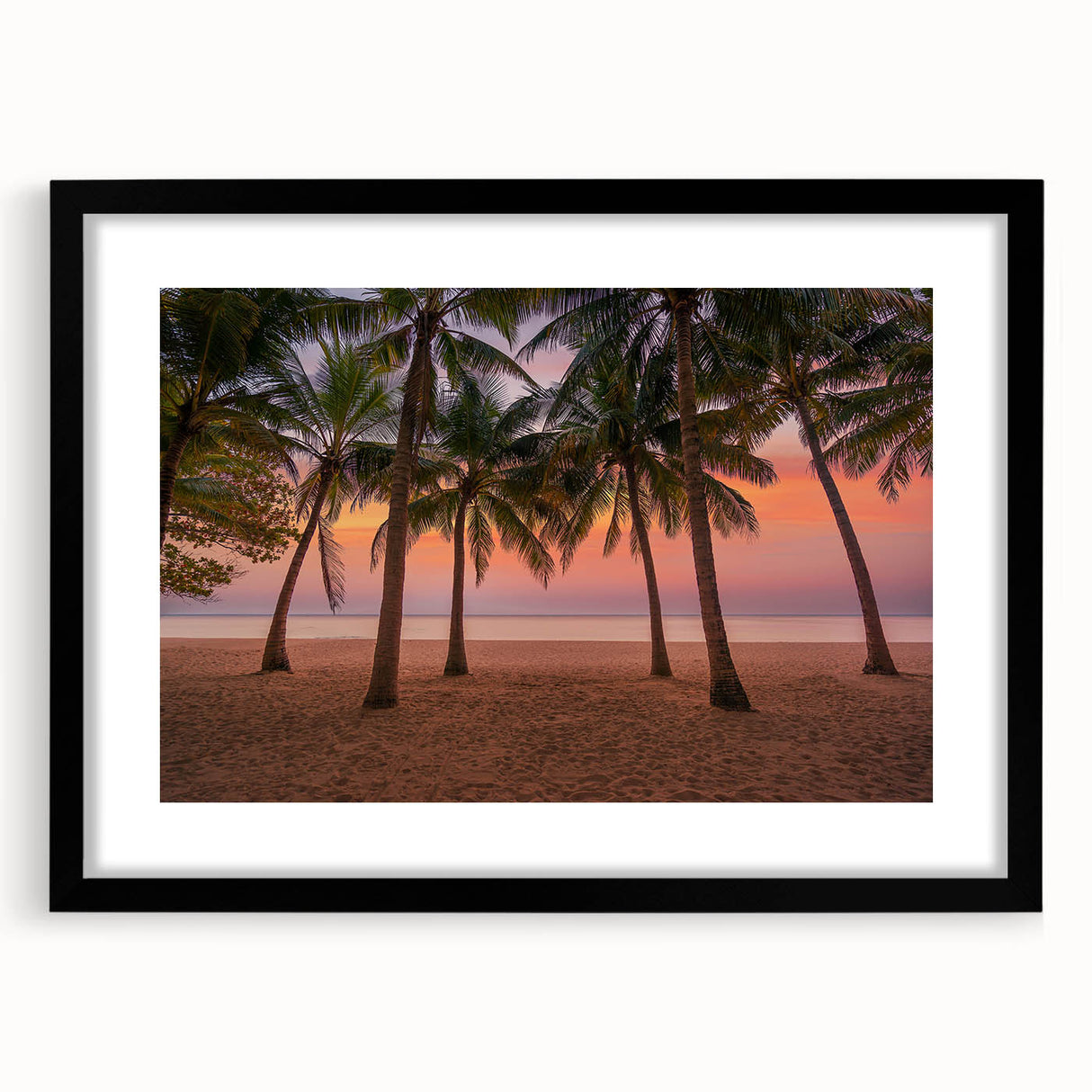 Extra large abstract art print featuring a colorful, textured Caribbean scenery on a black-framed canvas.