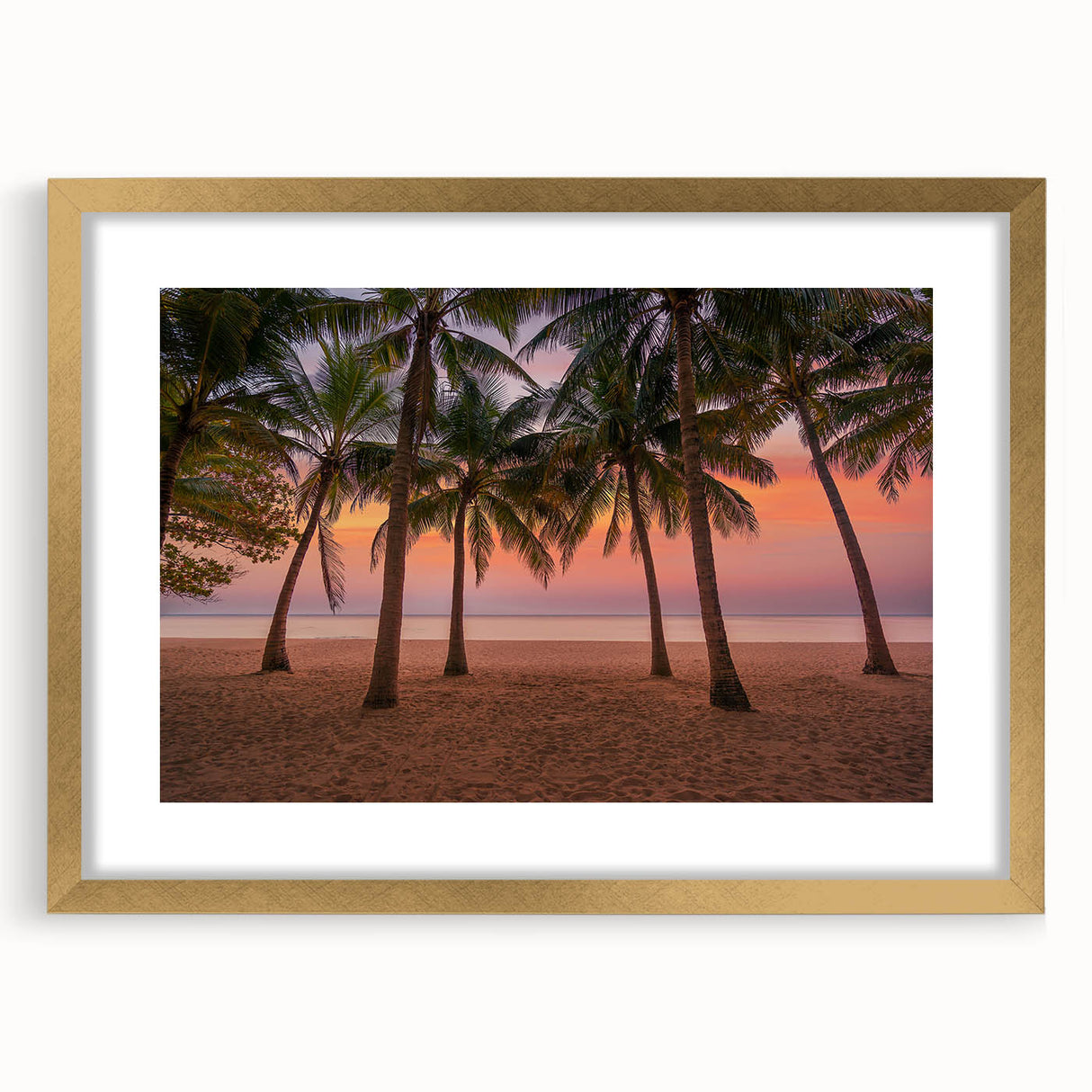 Abstract art print of a Caribbean scene in muted blue and green tones on a framed gold mat.