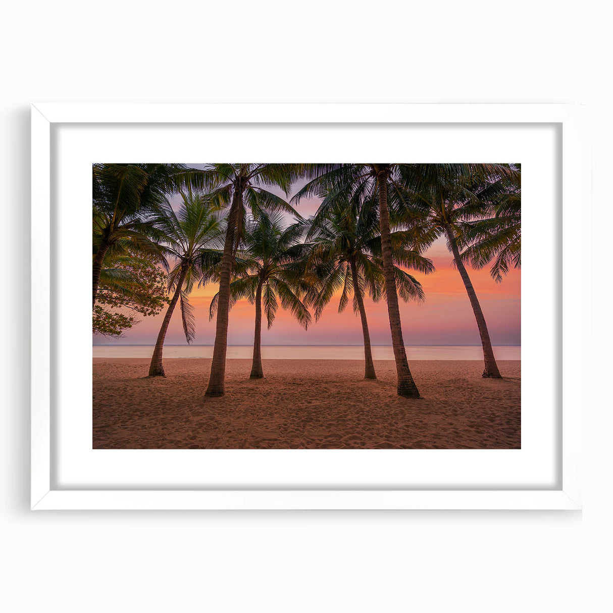 Textured abstract art print of Caribbean scenery in muted blue and green tones on a framed white mat, ideal for bedroom art.