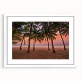 Textured abstract art print of Caribbean scenery in muted blue and green tones on a framed white mat, ideal for bedroom art.