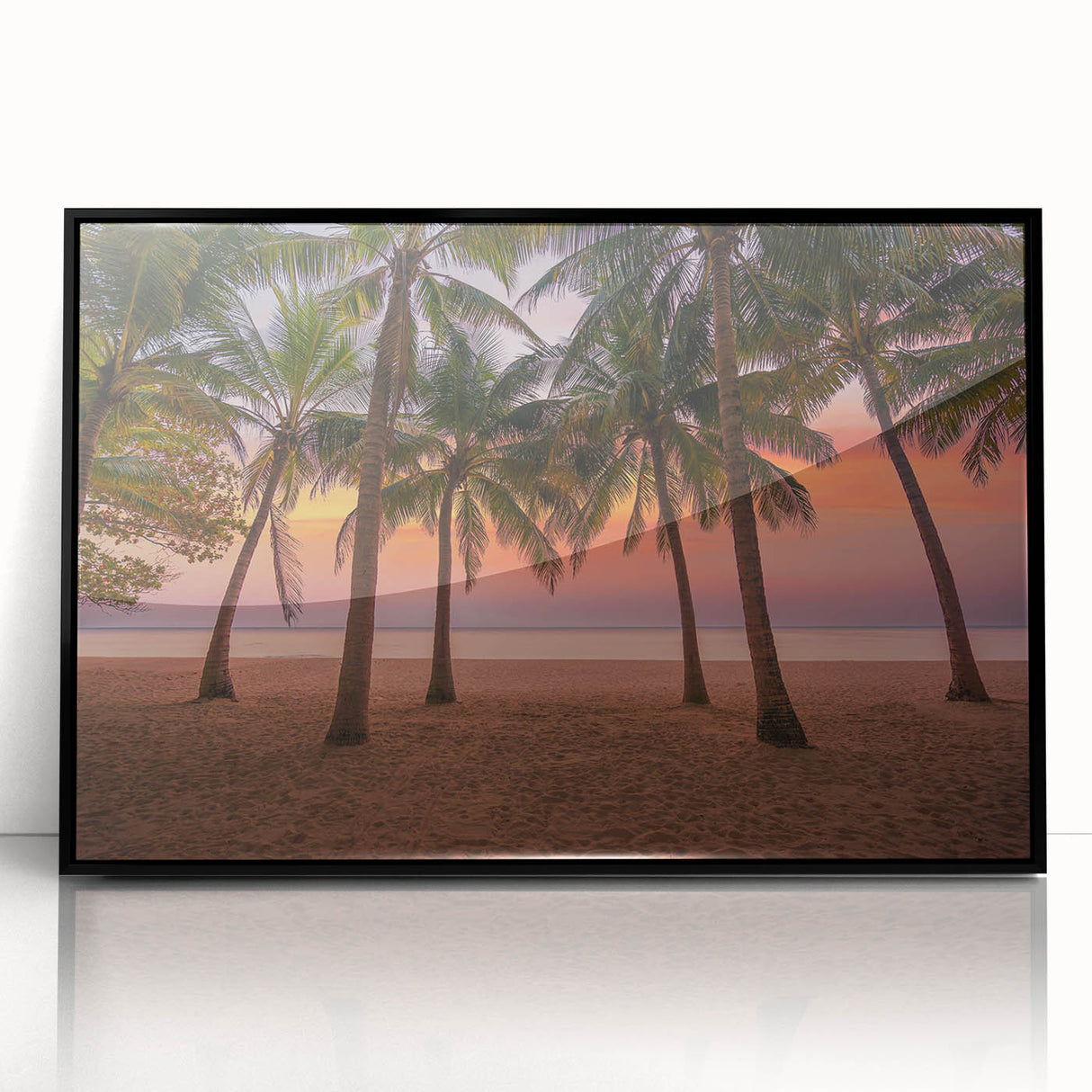 Large abstract wall art featuring a Caribbean scene in vibrant blue and green tones, framed in black acrylic.