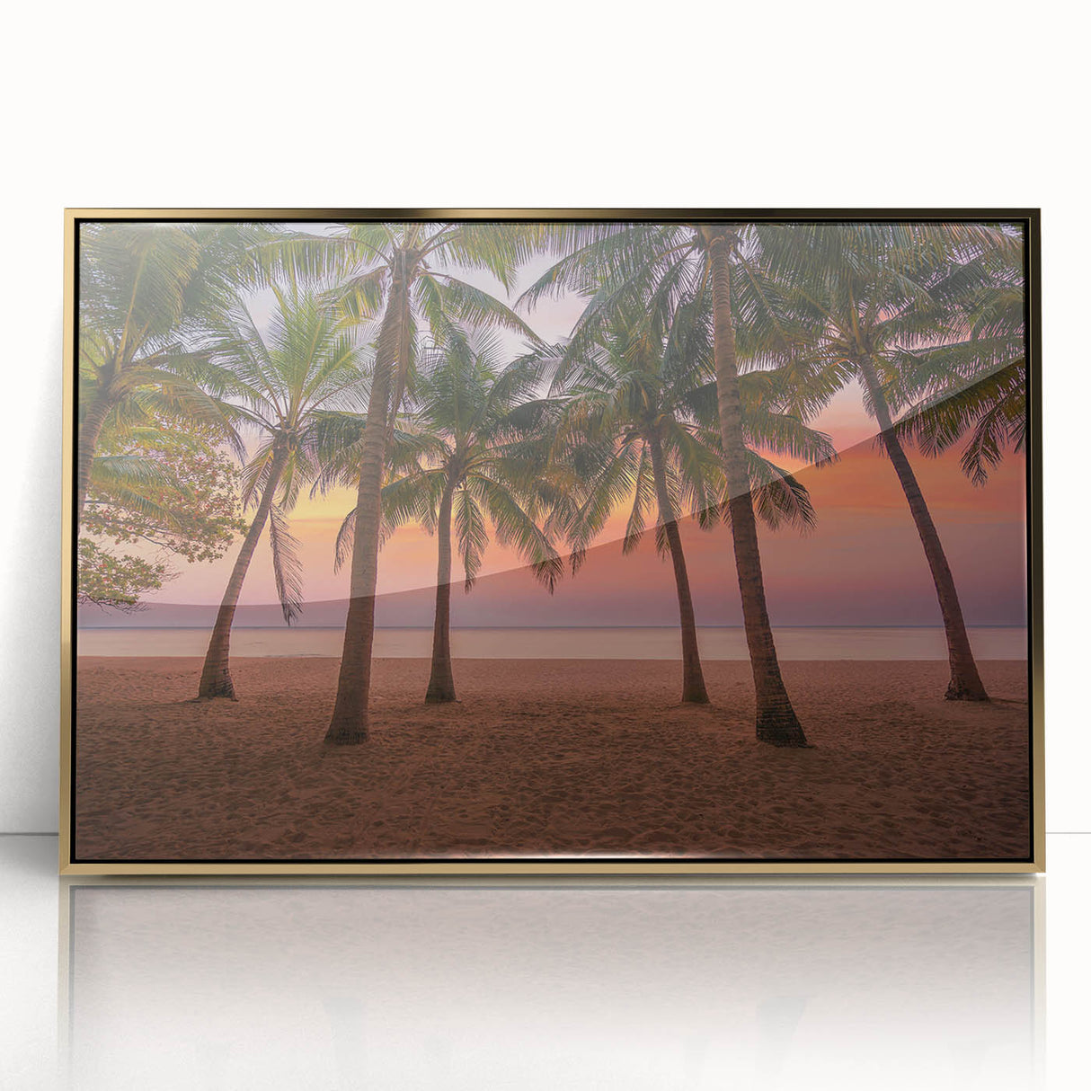 Mid-century modernist art of a Caribbean landscape in gold frame, acrylic, ideal for nursery wall art.