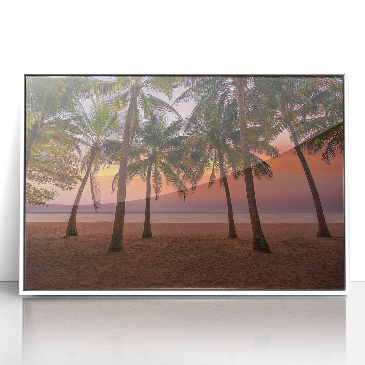 Large art print of a Caribbean scenery in Haiti, framed in white acrylic, with a mid-century modernist style.