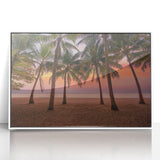 Large art print of a Caribbean scenery in Haiti, framed in white acrylic, with a mid-century modernist style.