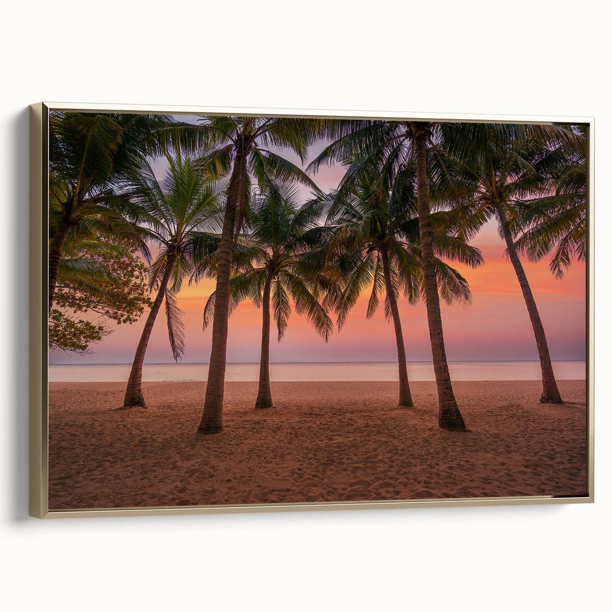 Framed canvas depicting a vintage-style Caribbean landscape in muted gold and black tones, ideal for bedroom wall art.