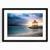 Extra large abstract art print of a Caribbean scene in vibrant colors on a textured canvas, framed in black.