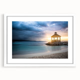 Textured abstract art print depicting a Caribbean seascape in vibrant blue and green tones on a framed white mat.