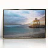 Mid-century modernist art depicting a Caribbean scenery in vibrant blue and green tones on a framed acrylic print.