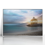 Large art print of a Caribbean scenery in mid-century modernist style, framed acrylic with vibrant blue and green tones.