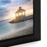 Black wall art depicting a textured Caribbean scene on extra large framed canvas, with vibrant colors.